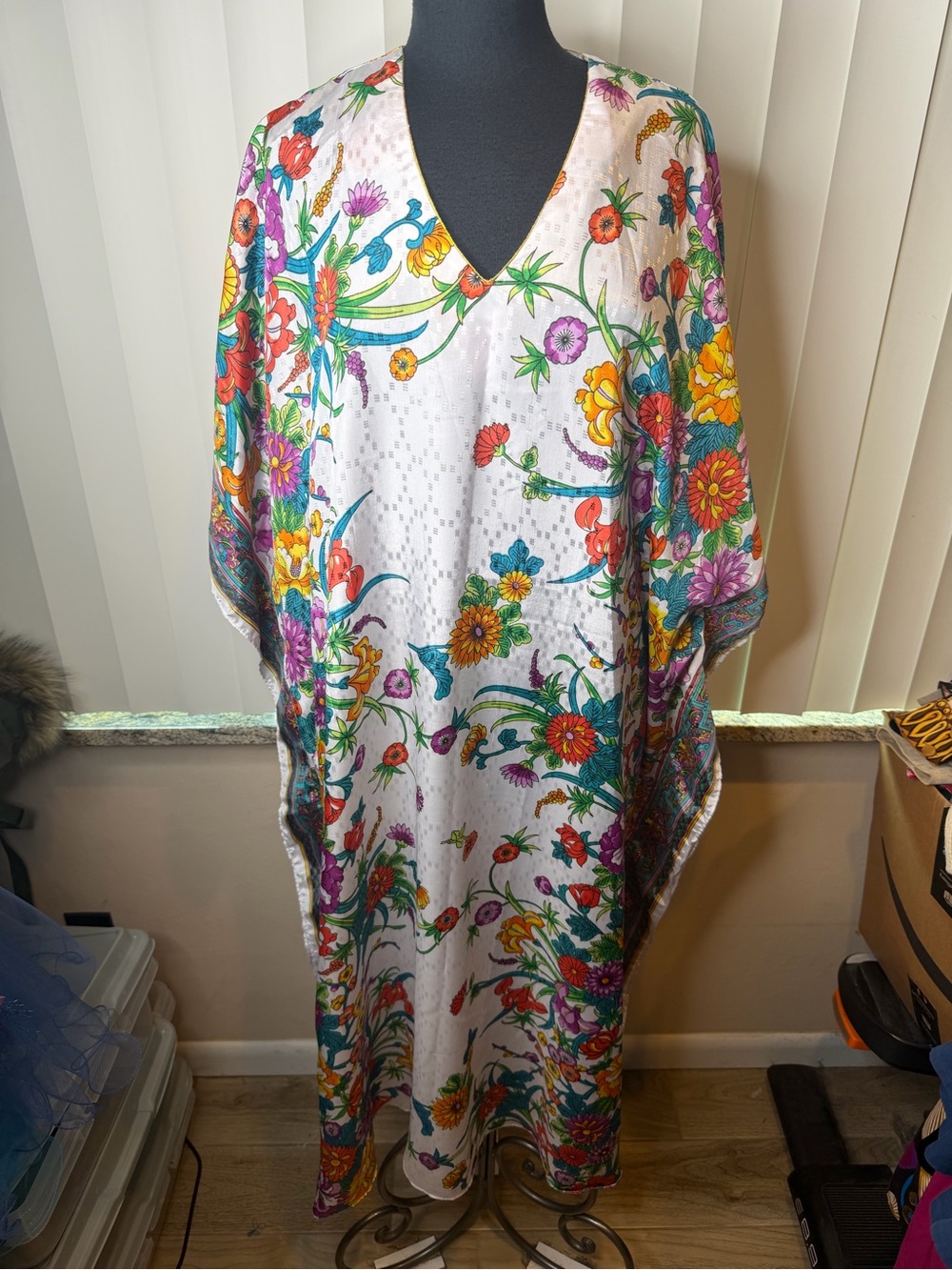 Sante white maxi caftan dress features a colorful all-over floral botanical OSFM